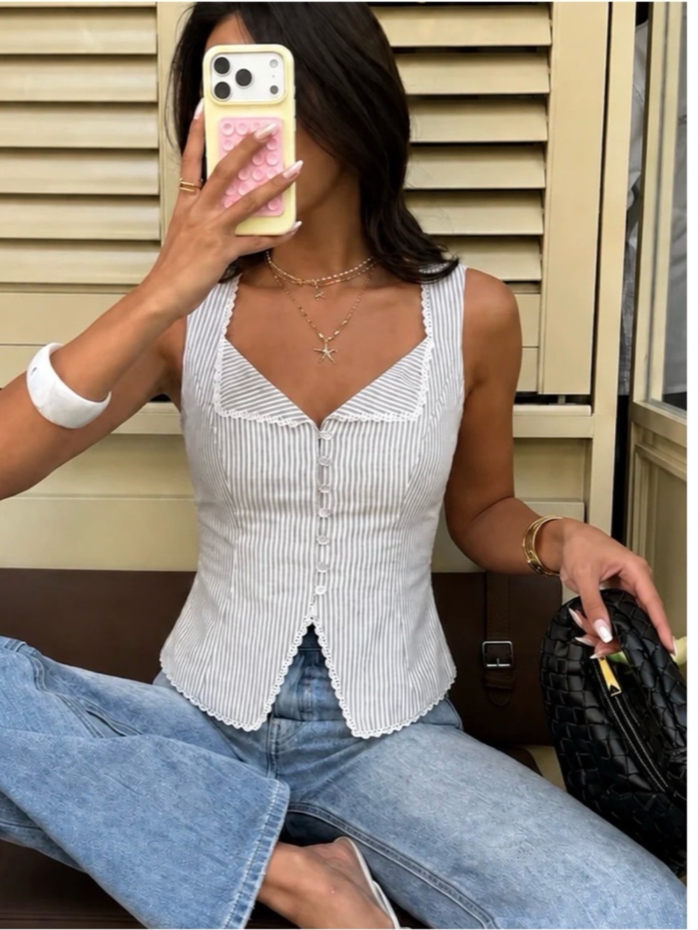 Commense White and Light Gray Striped Button-Front Tank